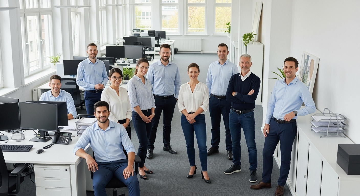 Zufriedenes Mitarbeiter-Team in einem sauberen Büro in Leipzig