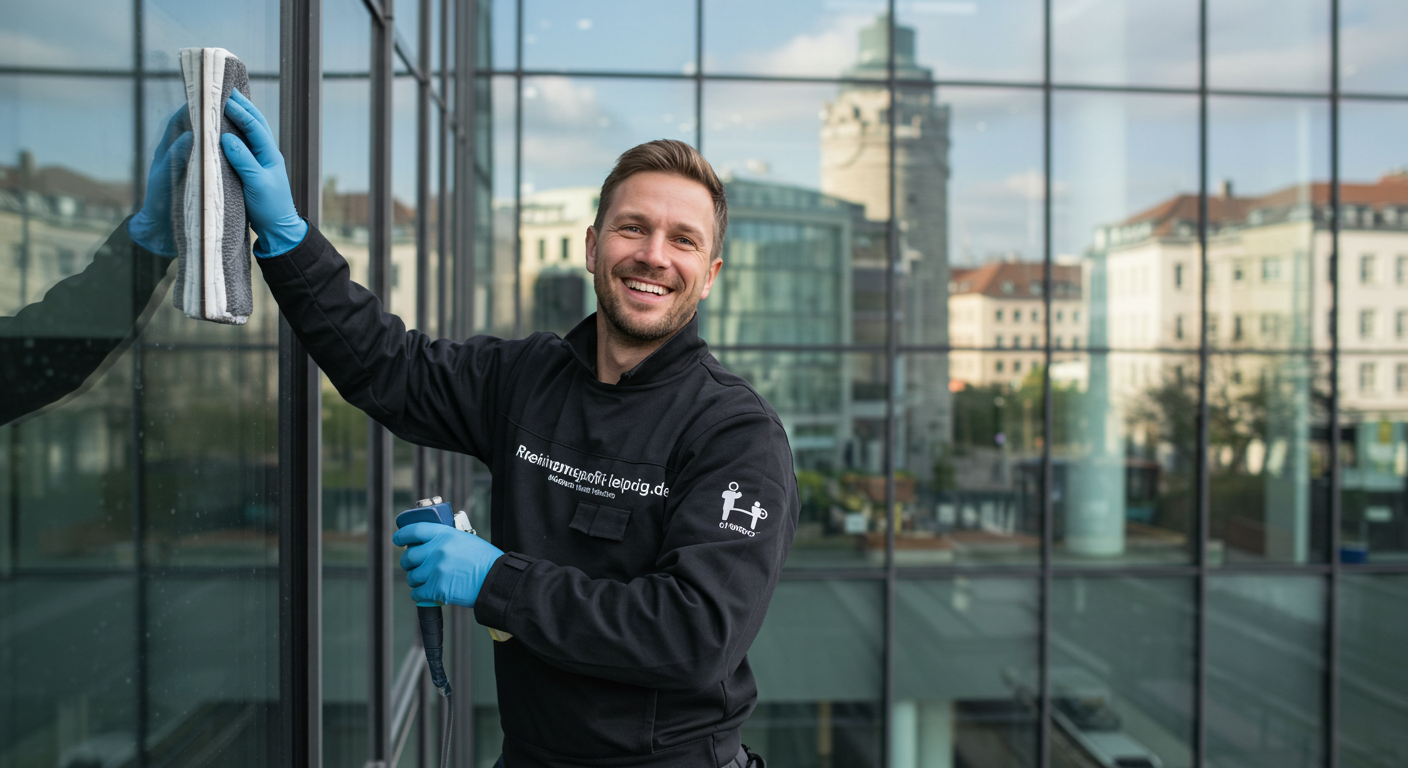 Professioneller Fensterreiniger bei der Arbeit an einem großen Fenster in Leipzig.