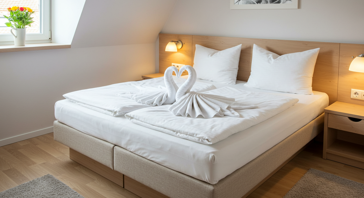 Einladend sauberes Schlafzimmer einer Ferienwohnung in Leipzig.