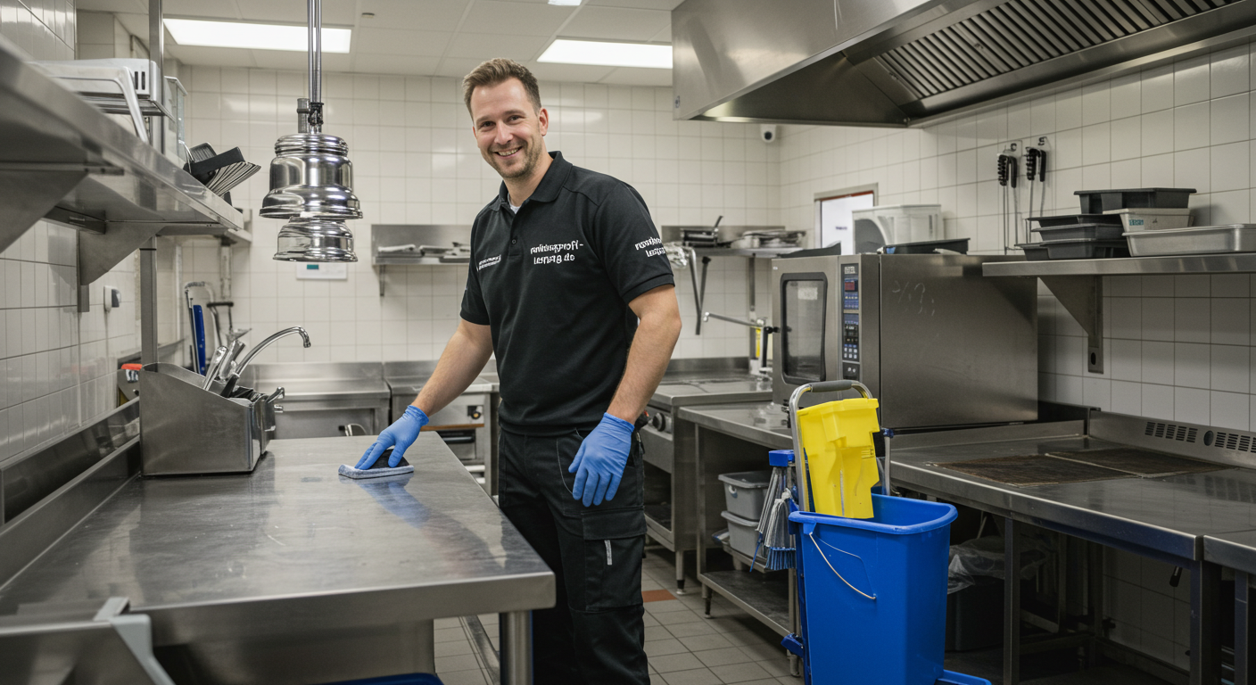 Glänzende Edelstahlküche nach einer professionellen Gastronomiereinigung.