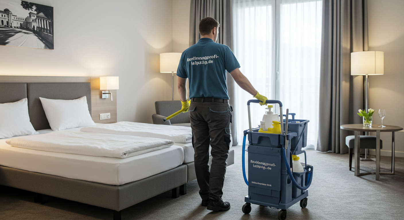 Perfekt gemachtes Hotelbett in einem sauberen Zimmer, gereinigt durch professionelle Hotelreinigung.